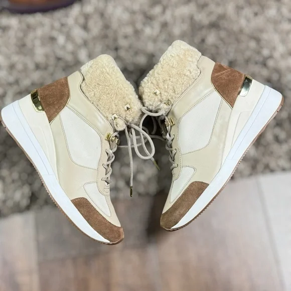 MICHAEL KORS Liv Cream and Brown High-Top Sneakers Size 8 Women - Picture 3 of 15